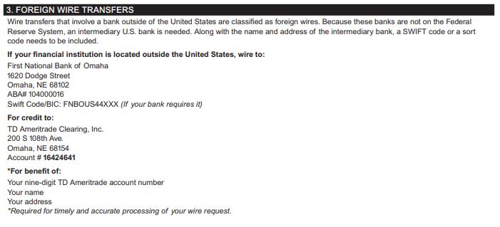 Detalles para la transferencia bancaria hacia TD Ameritrade.